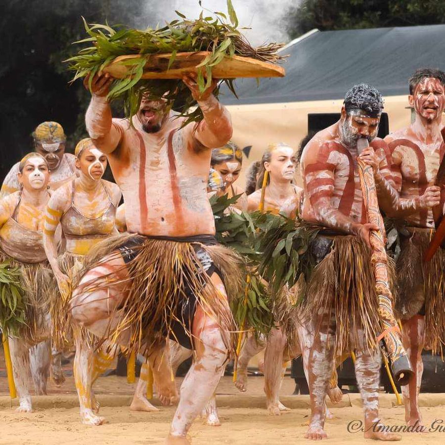 Dancers moving together during a ceremony, one carrying a coolamon of leaves